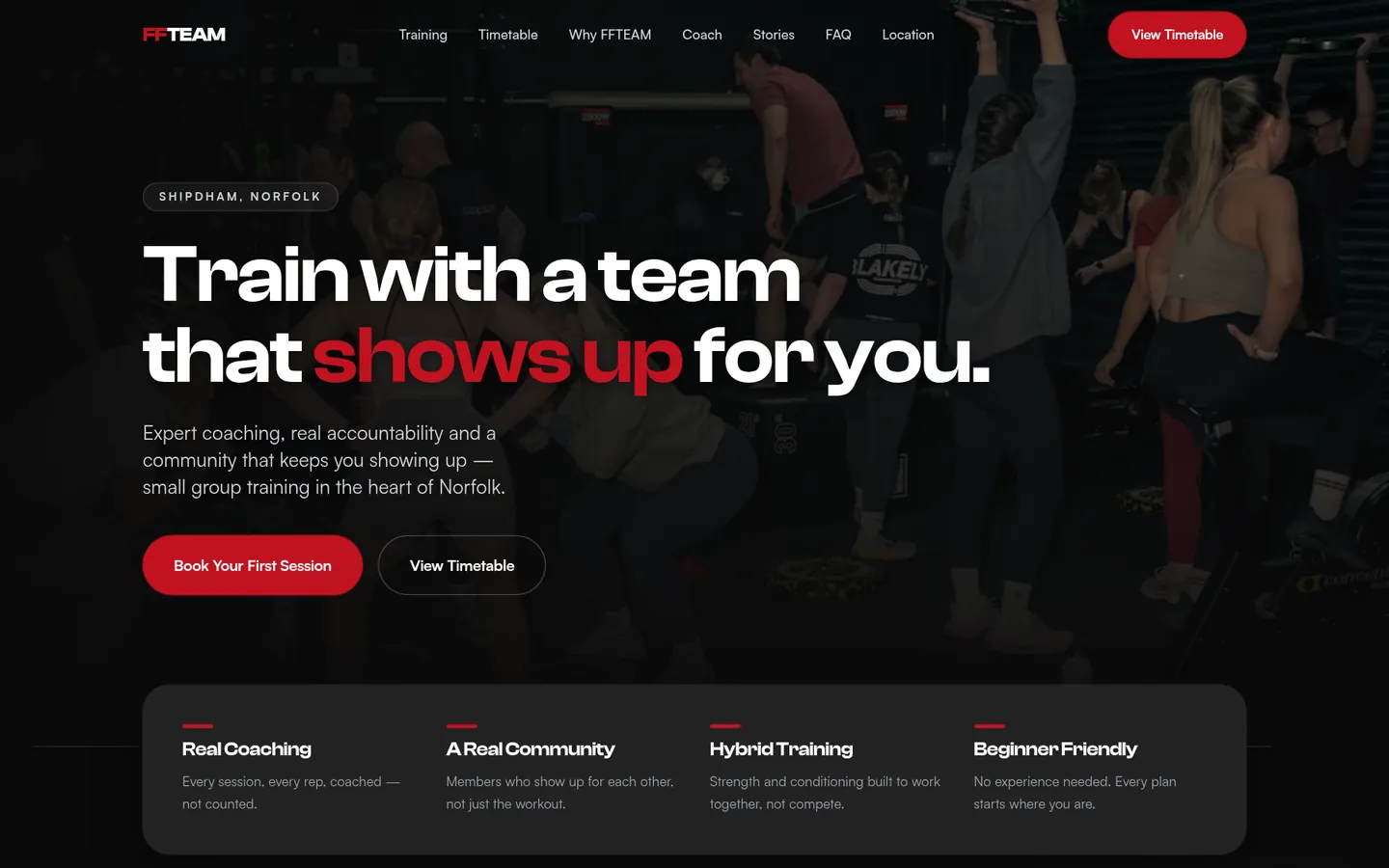 The FF Team homepage as it appears today: 'Train with a team that shows up for you.'