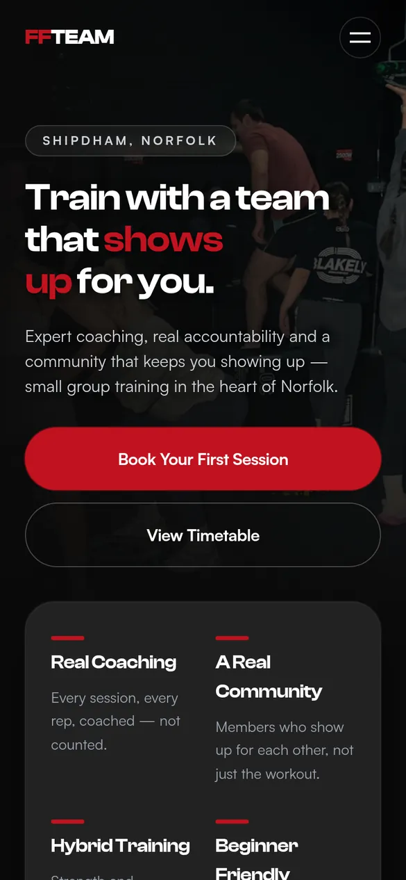 The FF Team homepage on a phone.